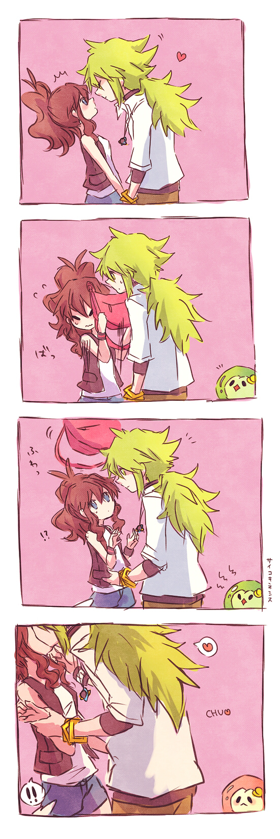 !, !!, !?, 10s, 1boy, 1girl, ^^^, arm_grab, bad_id, bad_pixiv_id, bag, blue_eyes, blush, brown_hair, closed_eyes, comic, couple, denim, denim_shorts, forced, gen_5_pokemon, green_hair, heart, height_difference, hetero, highres, hilda_(pokemon), jewelry, kabocha_torute, kiss, long_image, n_(pokemon), necklace, nintendo, pendant, pokemon, pokemon_(creature), pokemon_black_and_white, pokemon_move, ponytail, psychic_(pokemon_move), shorts, size_difference, solosis, spoken_heart, tall_image, telekinesis