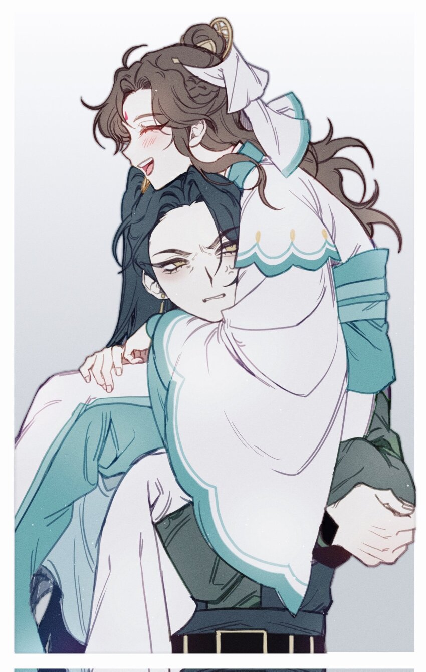 1boy, 1girl, anger_vein, angry, belt, bisu_(hw3op), black_hair, blush