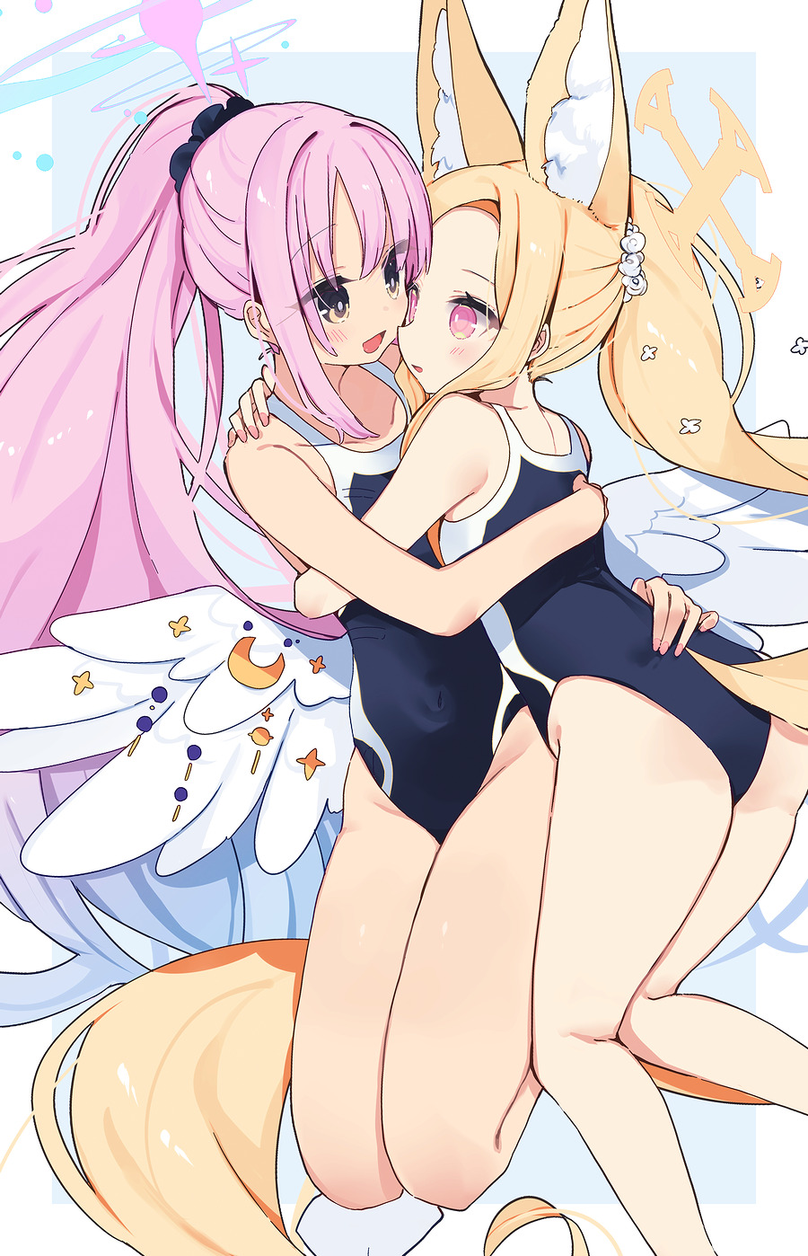 2girls, angel_wings, animal_ear_fluff, animal_ears, ass, bare_arms, bare_legs, bare_shoulders