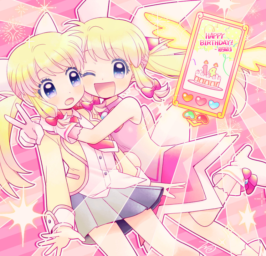 2girls, arms_at_sides, azuchimomoyama_kurumi, bare_arms, blonde_hair, blush, bow, buttons