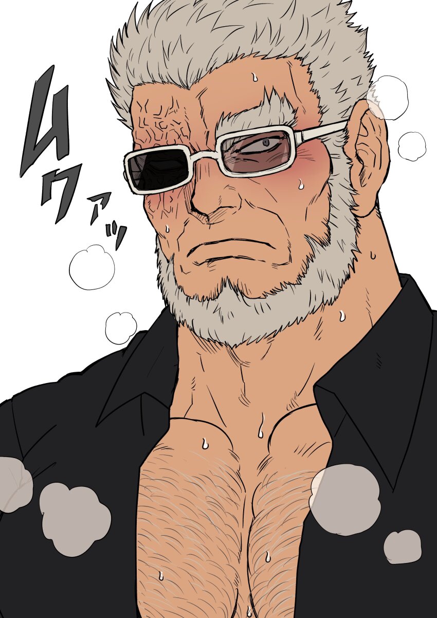 1boy, absurdres, adam's_apple, bara, beard, blush, breath, burn_scar, chest_hair, chun_(luxtan), collared_shirt, facial_hair, glasses, grey-framed_eyewear, grey_hair, highres, kuroda_hyoue, large_pectorals, looking_at_viewer, male_focus, mature_male, meitantei_conan, muscular, muscular_male, old, old_man, opaque_glasses, partially_opaque_glasses, pectoral_cleavage, pectorals, rectangular_eyewear, scar, shirt, short_hair, solo, sweat, thick_beard, thick_eyebrows, thick_neck, upper_body, very_sweaty
