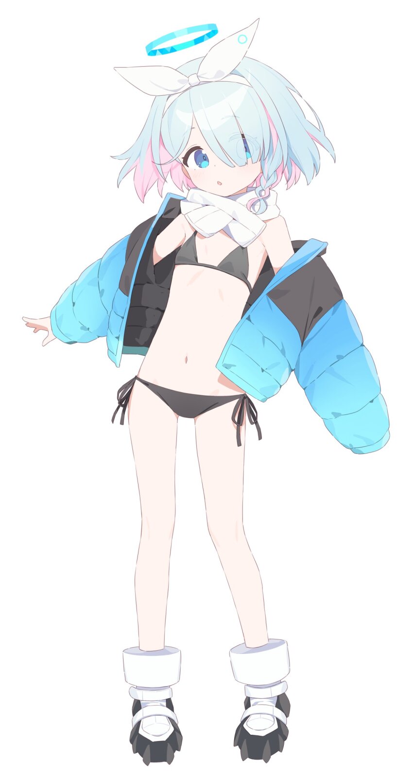 1girl, absurdres, arona_(blue_archive), bikini, black_bikini, blue_archive, blue_eyes, blue_hair