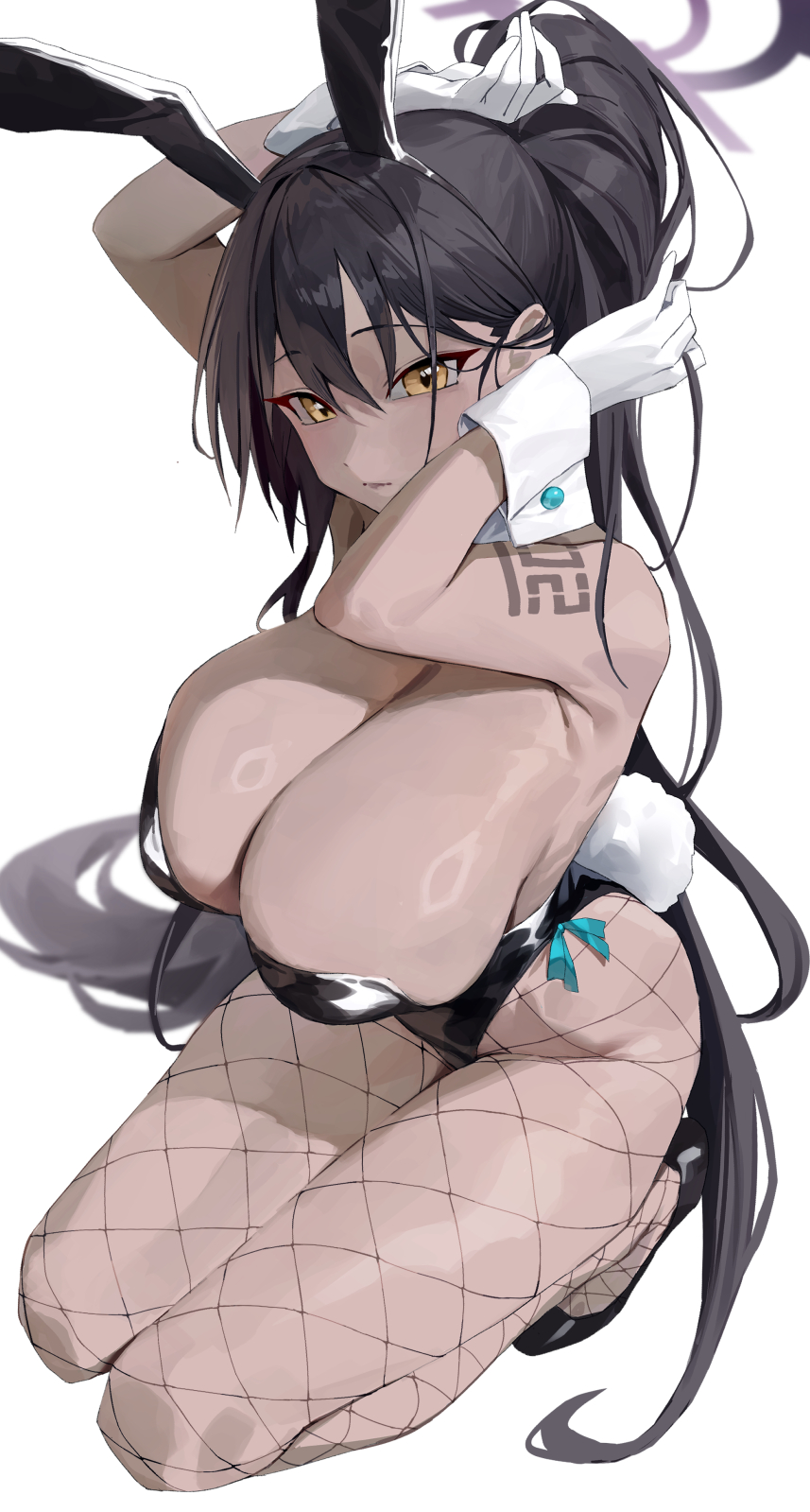 1girl, animal_ears, arms_up, bare_shoulders, black_footwear, black_hair, black_leotard, blue_archive