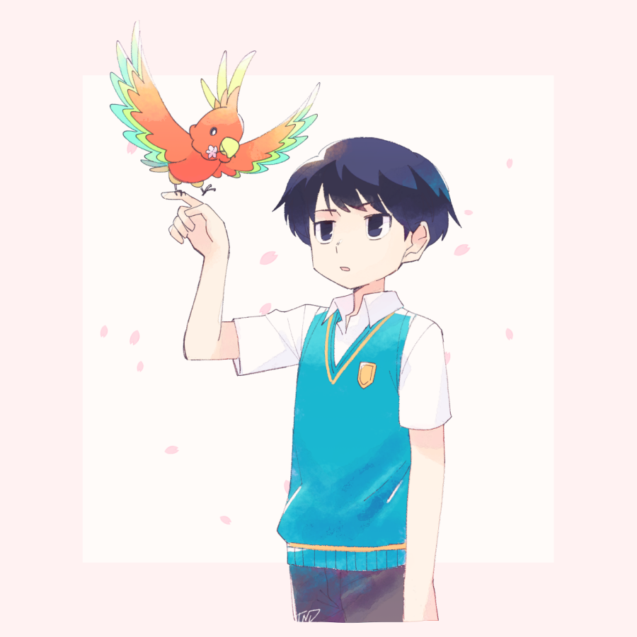 1boy, bird, black_eyes, black_hair, black_pants, blue_sweater_vest, border, collared_shirt