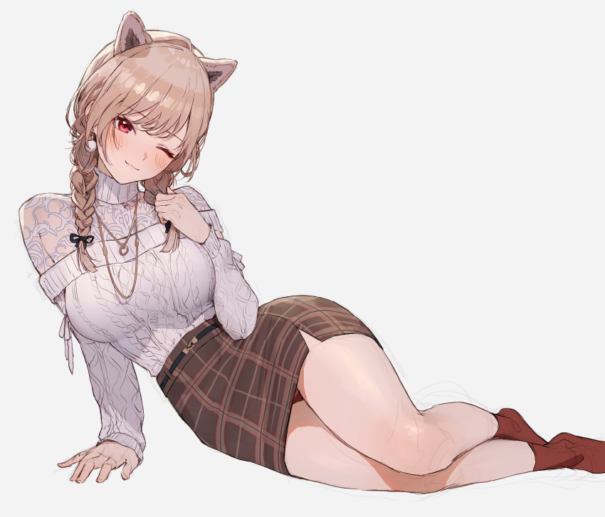 1girl, animal_ears, blush, braid, breasts, brown_skirt, closed_mouth, earrings