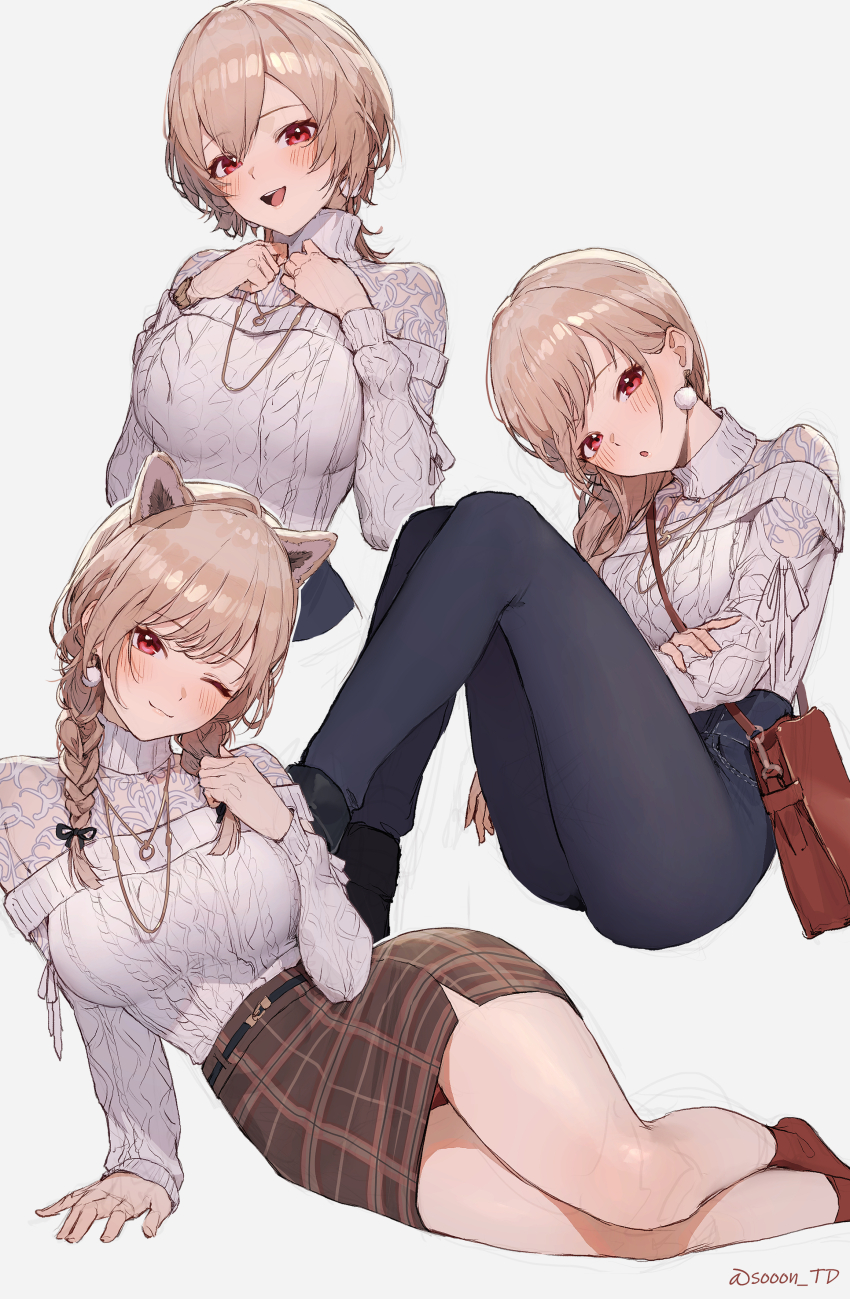 1girl, :d, :o, absurdres, animal_ears, black_pants, blush, braid, breasts, brown_bag, brown_skirt, closed_mouth, furen_e_lustario, furen_e_lustario_(4th_costume), highres, jewelry, large_breasts, light_brown_hair, long_hair, long_sleeves, looking_at_viewer, lying, multiple_views, necklace, nijisanji, on_side, one_eye_closed, open_mouth, pants, plaid_clothes, plaid_skirt, red_eyes, shirt_tucked_in, simple_background, sitting, skirt, smile, socks, sooon, thighs, twin_braids, virtual_youtuber