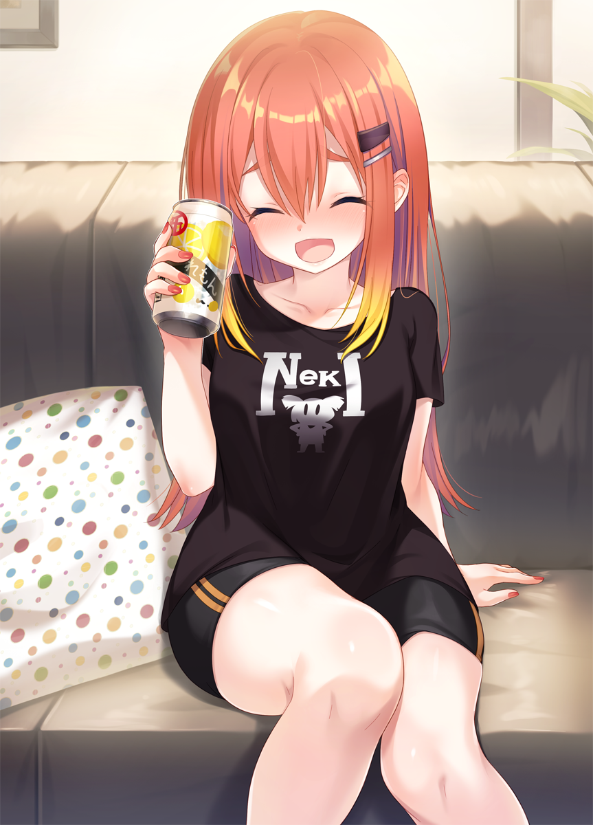 1girl, bike_shorts, black_shirt, blush, can, closed_eyes, clothes_writing, gradient_hair, hair_between_eyes, hair_ornament, hairclip, highres, holding, holding_can, indie_virtual_youtuber, long_hair, looking_at_viewer, multicolored_hair, neki_(vtuber), ogiyuki, open_mouth, orange_hair, shirt, sitting, solo, t-shirt, virtual_youtuber