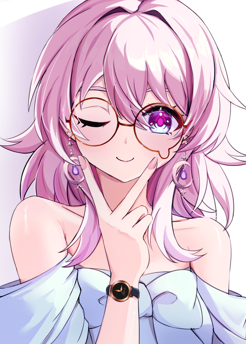 1girl, ;), absurdres, bare_shoulders, bespectacled, earrings, glasses, highres
