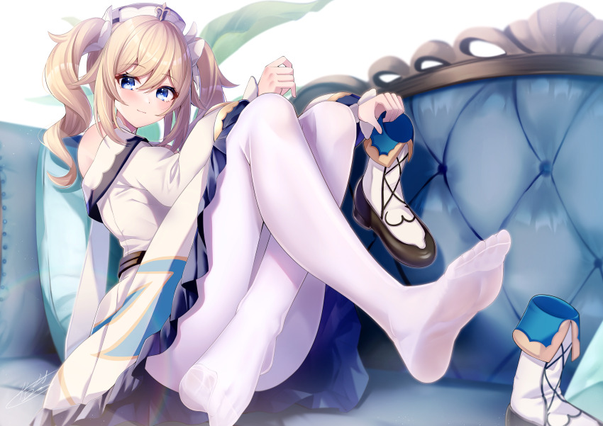 1girl, absurdres, barbara_(genshin_impact), blonde_hair, blue_eyes, boots, closed_mouth, couch