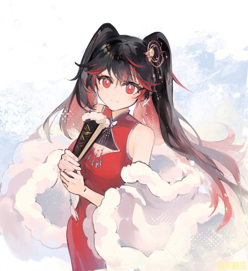 1girl, alternate_costume, black_hair, china_dress, chinese_clothes, cleavage_cutout, clothing_cutout, coat, colored_inner_hair, dress, earrings, folding_fan, fructose, fur_coat, gem, gradient_hair, hair_ornament, hand_fan, highres, holding, holding_fan, jewelry, long_hair, looking_at_viewer, lucia_(pgr), multicolored_hair, parted_bangs, punishing:_gray_raven, red_dress, red_eyes, red_hair, sleeveless, sleeveless_dress, solo, streaked_hair, twintails, white_coat