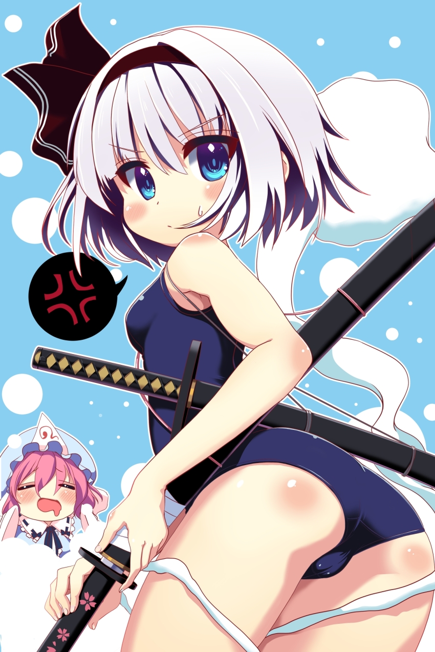 2girls, alternate_costume, ass, black_hairband, blue_background, blue_eyes, blue_one-piece_swimsuit, blush, bob_cut, breasts, chibi, chibi_inset, commentary_request, cowboy_shot, frown, hairband, highres, holding, holding_sword, holding_weapon, konpaku_youmu, konpaku_youmu_(ghost), looking_at_viewer, looking_back, multiple_girls, nagomi_tozakura, one-piece_swimsuit, saigyouji_yuyuko, school_swimsuit, sheath, sheathed, short_hair, small_breasts, solo_focus, sweatdrop, swimsuit, sword, touhou, v-shaped_eyebrows, weapon, white_hair