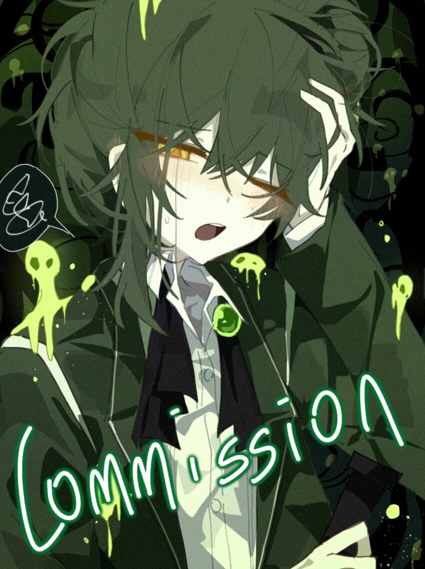 1boy, blush, brooch, coat, collared_shirt, commission, floor_of_art's_glowing_creature, folded_ponytail, green_coat, green_hair, highres, jewelry, lemonail, library_of_ruina, long_sleeves, male_focus, netzach_(project_moon), open_mouth, project_moon, shirt, solo, white_shirt, yellow_eyes