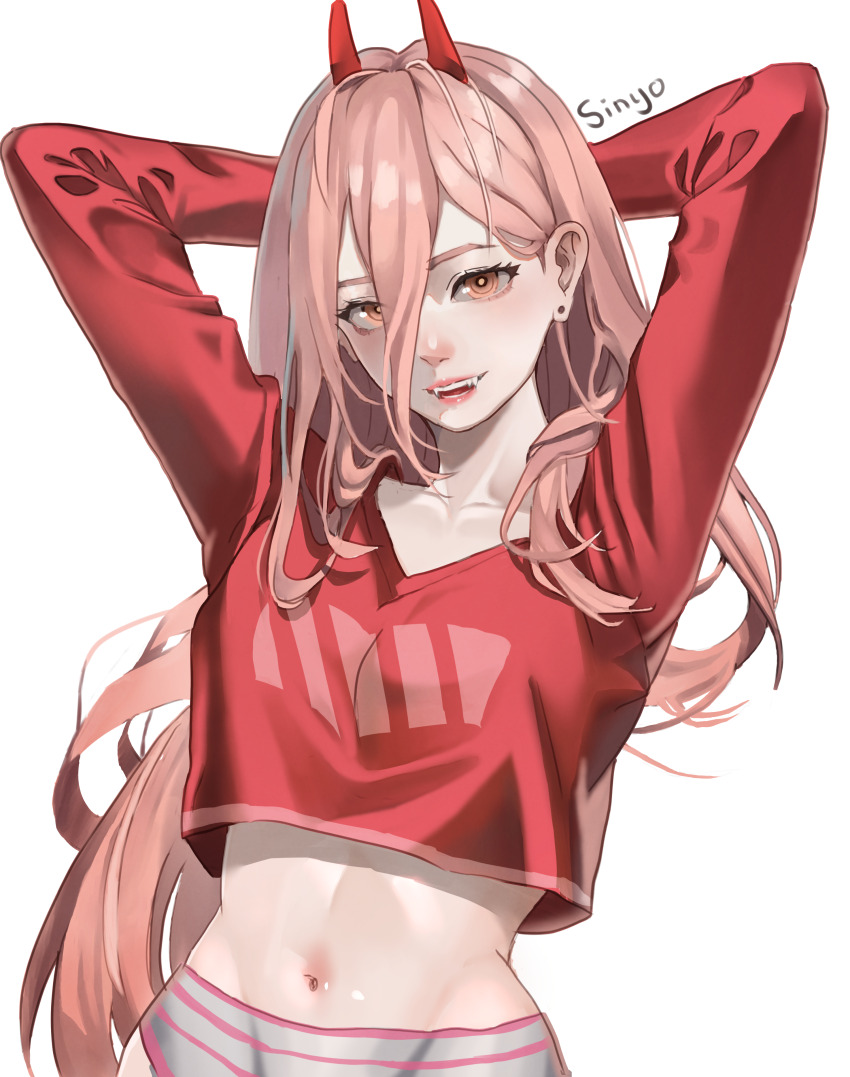 1girl, absurdres, alternate_eye_symbol, arms_behind_head, breasts, chainsaw_man, commentary, cropped_shirt, earrings, fangs, groin, hair_behind_ear, hair_between_eyes, highres, jewelry, long_hair, long_hair_between_eyes, medium_breasts, navel, no_pants, nyozantium, pale_skin, panties, pink_eyes, pink_hair, power_(chainsaw_man), red_horse, ringed_eyes, signature, solo, striped_clothes, striped_panties, stud_earrings, underwear, upper_body, very_long_hair