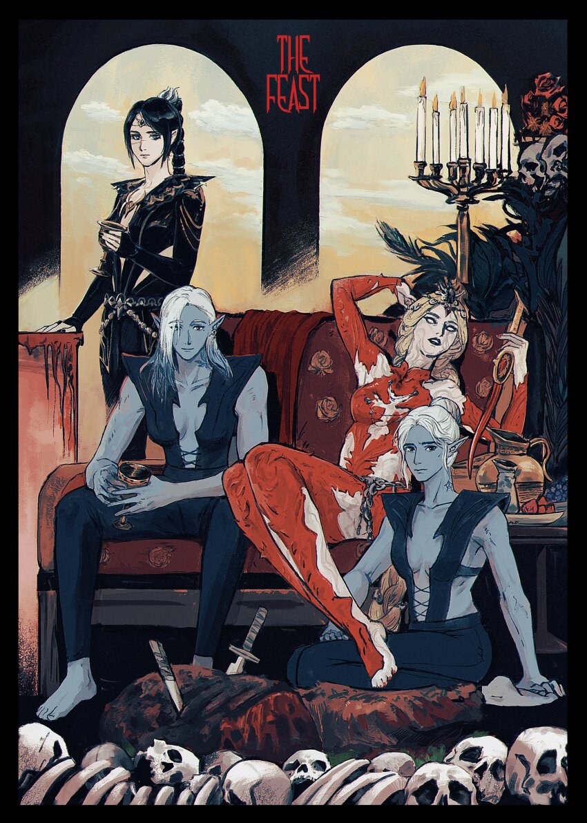 4girls, absurdres, arch, arm_up, baldur's_gate, baldur's_gate_3, barefoot, black_border, black_hair, black_jacket, black_lips, black_pants, black_shirt, blank_eyes, blonde_hair, bodysuit, bone, border, braid, braided_ponytail, candle, candlestand, chalice, circlet, collarbone, colored_skin, commentary, couch, cup, dagger, dark_elf, detached_sleeves, elf, english_commentary, english_text, expressionless, facial_scar, floral_print, grey_skin, hair_bun, headpiece, highres, holding, holding_cup, holding_dagger, holding_knife, holding_weapon, indoors, jacket, jug_(bottle), knife, long_hair, long_sleeves, looking_at_viewer, medium_hair, minthara, multiple_girls, neck_tattoo, on_couch, on_floor, orin_the_red, pants, plate, plunging_neckline, pointy_ears, qianlong_eva, red_bodysuit, red_eyes, ribs, scar, scar_on_cheek, scar_on_face, seiza, shadowheart_(baldur's_gate), shirt, short_hair, single_braid, single_hair_bun, sitting, skull, sleeveless, sleeveless_shirt, sleeves_past_wrists, standing, tattoo, tav_(baldur's_gate), weapon, white_hair