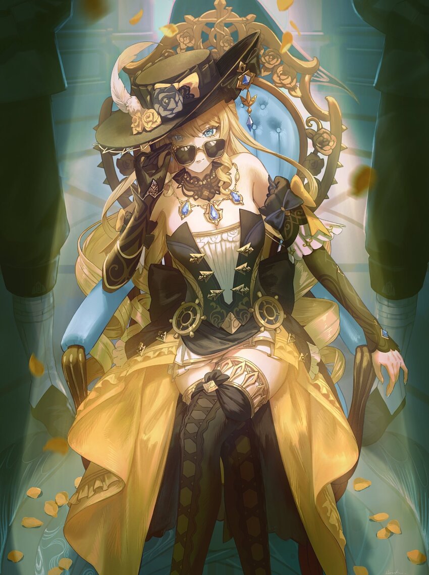 1girl, 2boys, back_bow, baggy_pants, bare_shoulders, black_bow, black_dress, black_footwear