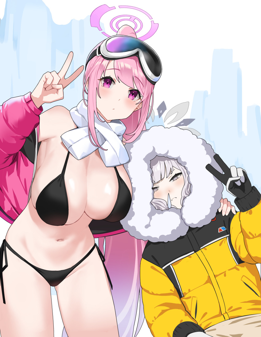 2girls, absurdres, ahoge, bare_shoulders, bikini, black_bikini, black_gloves, blue_archive