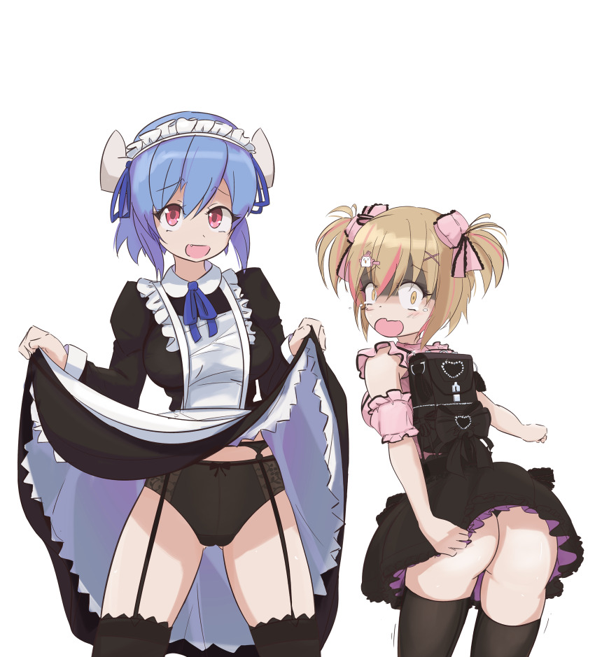2girls, absurdres, alternate_costume, ass, backpack, bag, black_panties, black_thighhighs, blonde_hair, blue_hair, blush, breasts, clothes_lift, cow_horns, embarrassed, enmaided, fang, garter_belt, garter_straps, hair_ornament, hair_ribbon, highres, horns, jashin-chan_dropkick, large_breasts, lifting_own_clothes, looking_at_viewer, maid, maid_headdress, microskirt, minos_(jashin-chan_dropkick), minos_drawfag, multiple_girls, no_panties, open_mouth, panties, pekora_(jashin-chan_dropkick), penguin_hair_ornament, randoseru, red_eyes, ribbon, short_hair, simple_background, skirt, skirt_lift, small_breasts, smile, tears, thighhighs, underwear, white_background, x_hair_ornament, yellow_eyes