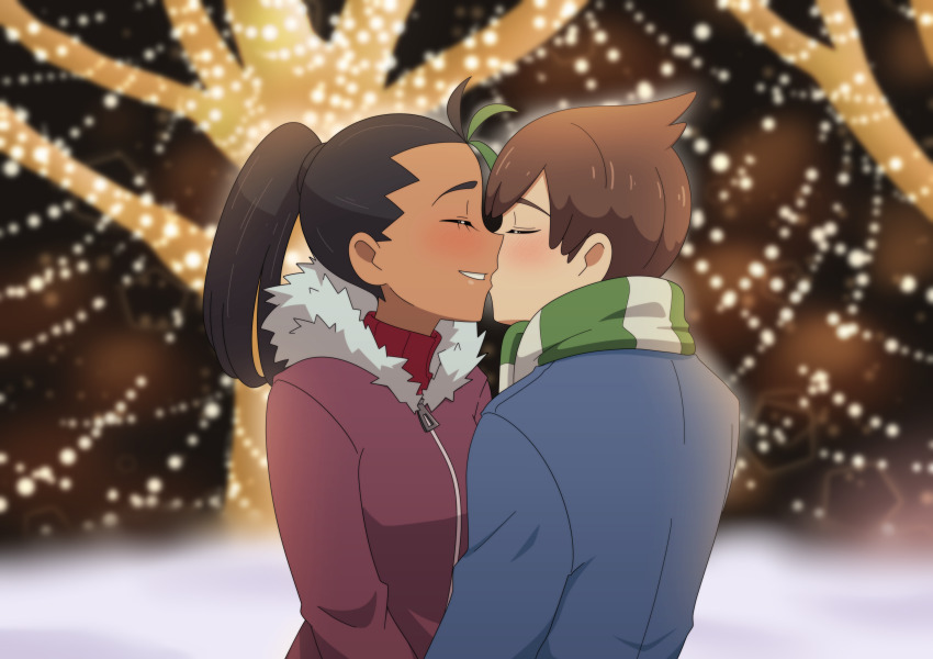 1boy, 1girl, absurdres, ahoge, alternate_costume, black_hair, blush, brown_hair