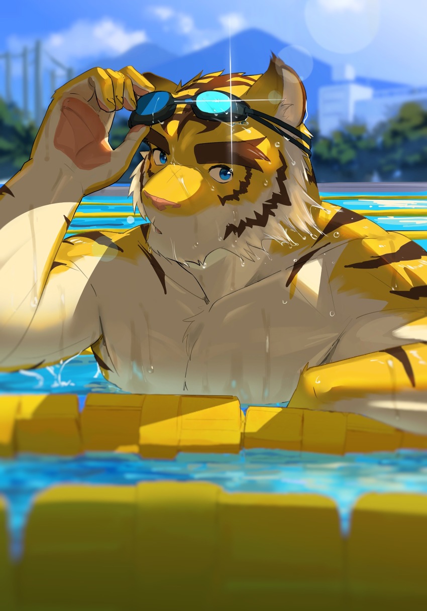 1boy, animal_ears, bara, blue_eyes, blue_sky, cloud, cloudy_sky, diffraction_spikes