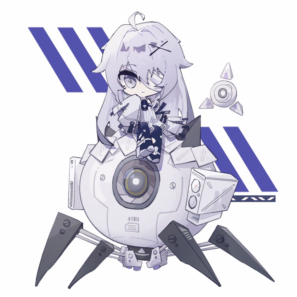 1girl, 1other, ahoge, bandage_over_one_eye, chibi, dress, drone, fructose, grey_dress, grey_eyes, grey_hair, hair_between_eyes, hair_ornament, long_hair, long_sleeves, no._21:_xxi_(pgr), no._21_(pgr), no._21's_buddy_(pgr), non-humanoid_robot, one-eyed, punishing:_gray_raven, robot, sidelocks, sitting, sleeves_past_fingers, sleeves_past_wrists, x_hair_ornament