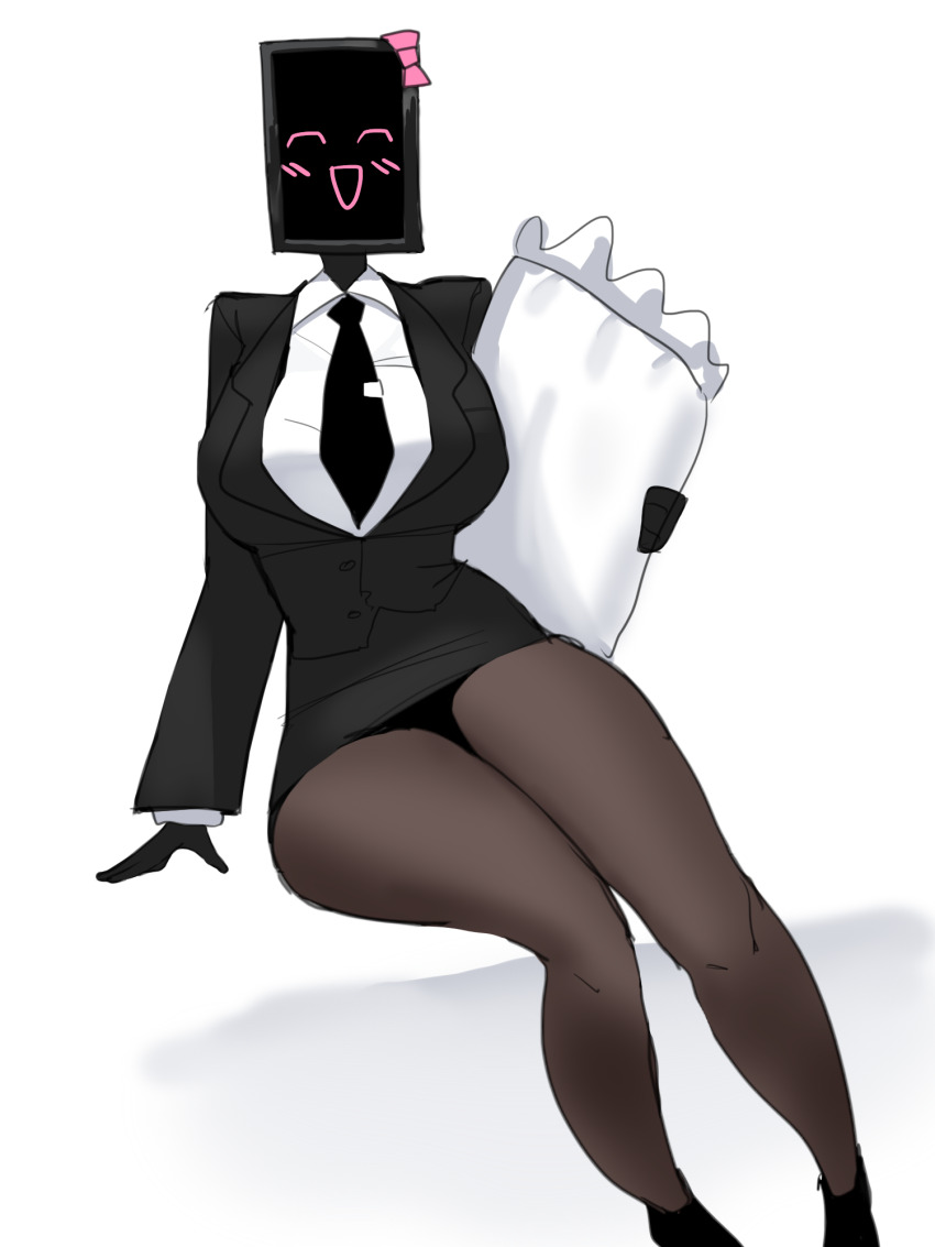 1girl, black_gloves, black_necktie, black_shoes, breasts, brown_pantyhose, collared_shirt, genderswap, genderswap_(mtf), gloves, gya_rb, highres, huge_breasts, library_of_ruina, necktie, nemo_(project_moon), object_head, pantyhose, project_moon, screen, shirt, shoes, sitting, solo, white_shirt