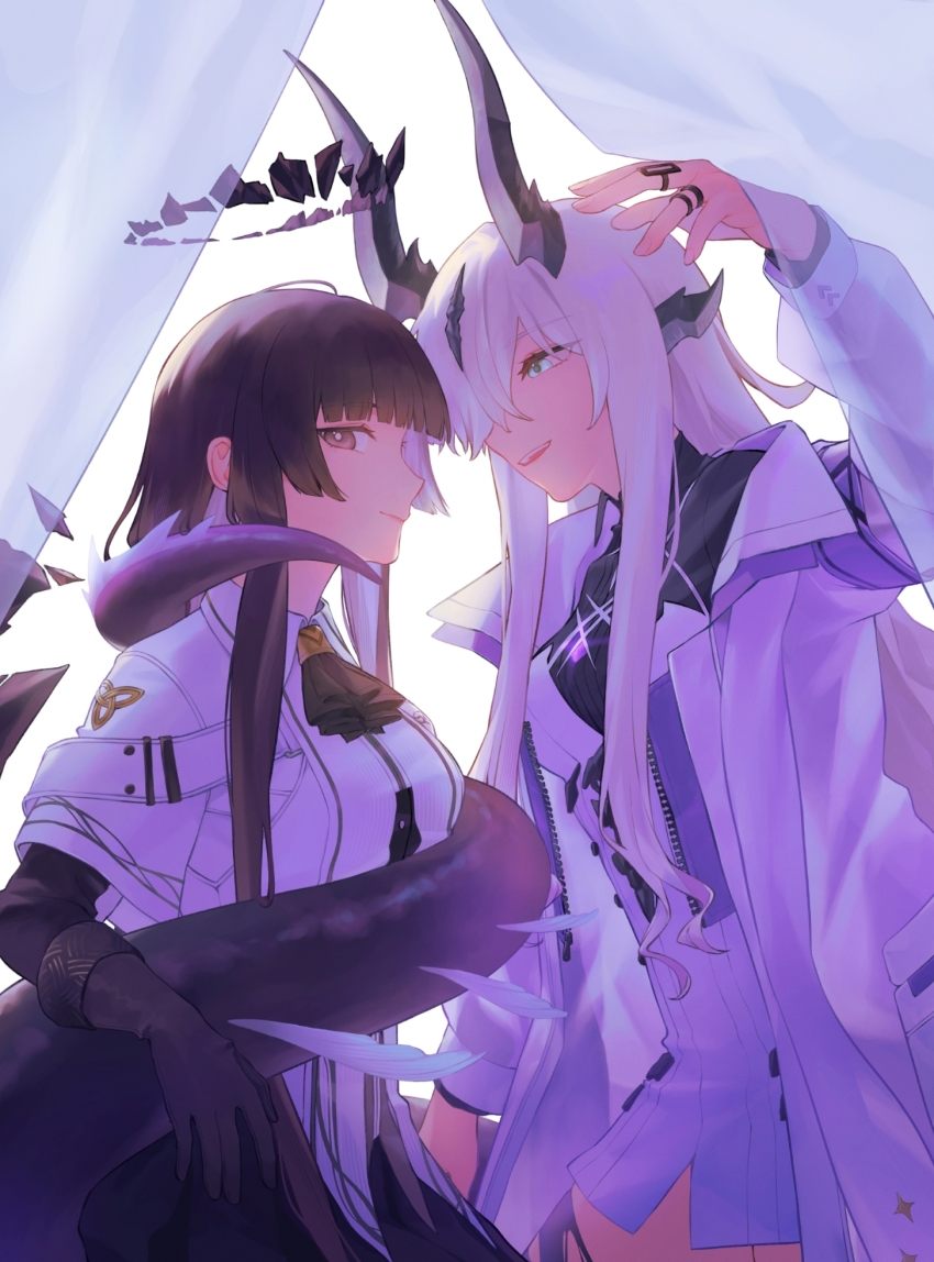 2girls, ahoge, aqua_eyes, arknights, arm_up, armband, ascot, backlighting, black_ascot, black_bustier, black_dress, black_eyes, black_gloves, black_hair, black_halo, black_horns, black_skirt, black_tail, black_thighhighs, black_wings, bloom, blunt_bangs, breasts, bright_pupils, broken_halo, bustier, buttons, closed_mouth, coat, collared_dress, collared_jacket, colored_inner_hair, commentary, commission, cowboy_shot, curtains, dark_halo, detached_wings, dragon_girl, dragon_horns, dragon_tail, dress, dress_shirt, energy_wings, english_commentary, eyelashes, fingernails, from_side, gloves, glowing, grey_hair, grey_shirt, hair_between_eyes, hair_ornament, hair_over_one_eye, halo, high_collar, highres, hime_cut, horns, jacket, jewelry, lapels, layered_sleeves, light_smile, long_bangs, long_hair, long_sleeves, looking_ahead, looking_at_another, looking_at_viewer, looking_to_the_side, medium_breasts, miniskirt, multicolored_dress, multicolored_hair, multiple_girls, multiple_horns, multiple_rings, necrass_(arknights), open_clothes, open_coat, parted_bangs, parted_lips, peaked_lapels, pleated_skirt, profile, puffy_long_sleeves, puffy_sleeves, purple_armband, ring, shade, shirt, short-sleeved_jacket, short_dress, short_over_long_sleeves, short_sleeves, sidelocks, sideways_glance, sihzari, skirt, sleeve_cuffs, smile, standing, straight_hair, strap, striped_clothes, striped_dress, tail, tail_wrap, teeth, thighhighs, thighs, torn_clothes, torn_thighhighs, two-tone_dress, two-tone_hair, upper_teeth_only, vertical-striped_clothes, vertical-striped_dress, very_long_hair, very_long_tail, virtuosa_(arknights), white_coat, white_dress, white_jacket, white_pupils, wide_sleeves, wing_collar, wings, yuri, zipper, zipper_pull_tab