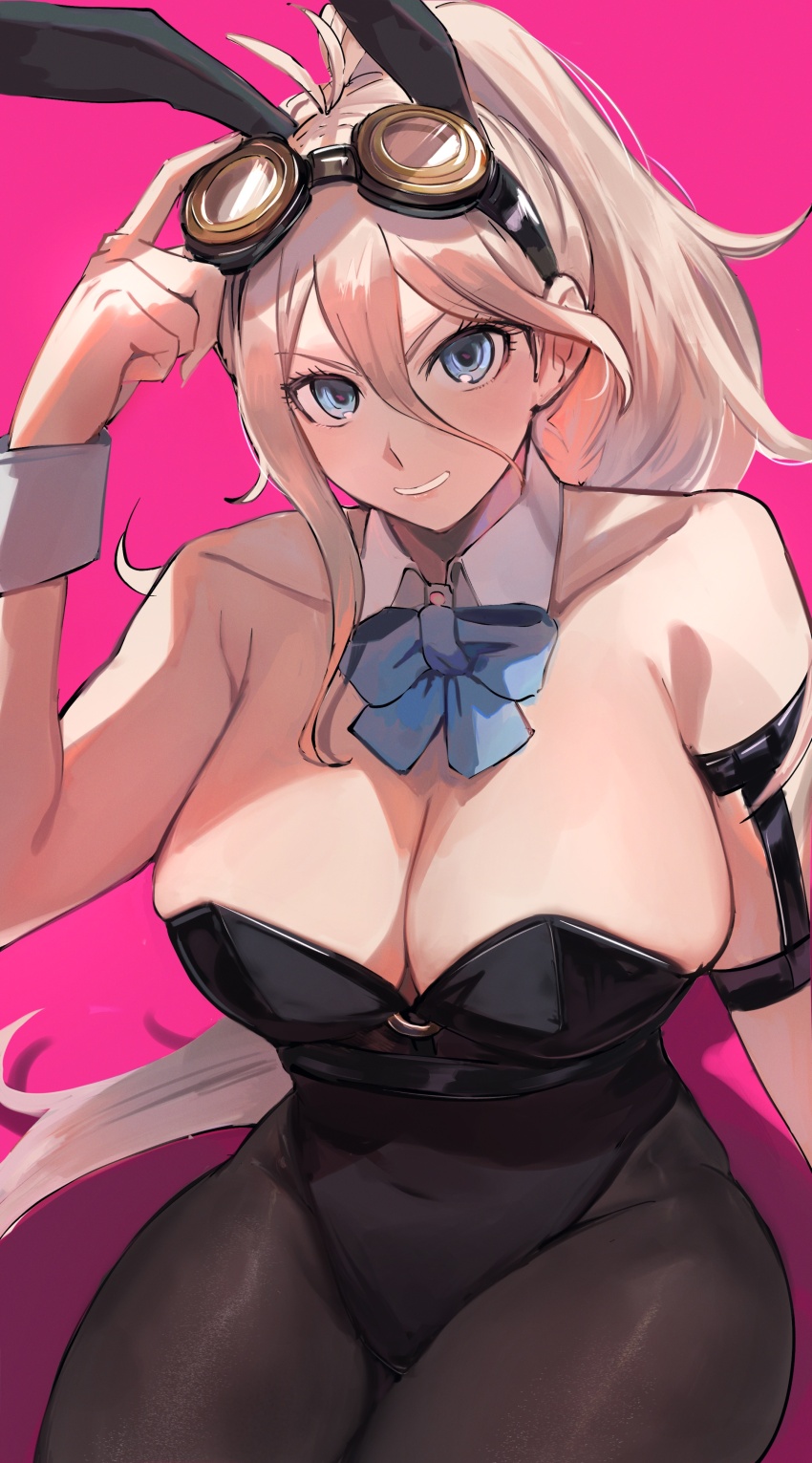 1girl, absurdres, ahoge, arm_up, bare_shoulders, black_leotard, black_pantyhose, blonde_hair, blue_bow, blue_bowtie, blue_eyes, bow, bowtie, breasts, cleavage, collarbone, commentary_request, danganronpa_(series), detached_collar, goggles, goggles_on_head, grin, hakushaku_(hakus_1128), highres, iruma_miu, large_breasts, leotard, long_hair, looking_at_viewer, pantyhose, pink_background, playboy_bunny, ponytail, shadow, smile, solo, strapless, strapless_leotard, wrist_cuffs