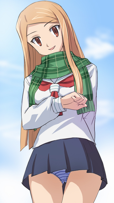 1girl, :d, blonde_hair, blue_skirt, cloud, green_scarf, haruyama_kazunori, long_hair