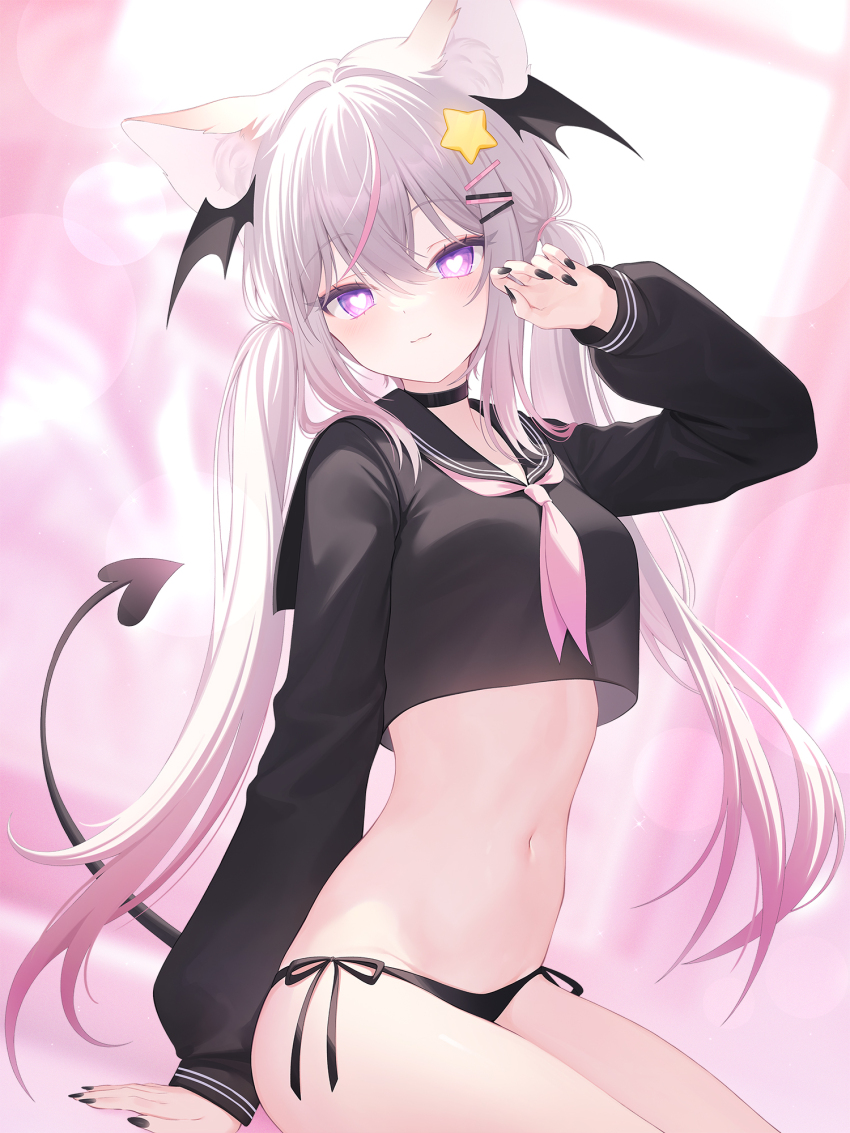 1girl, annytf, bat_wings, black_choker, black_nails, black_panties, black_sailor_collar, black_wings