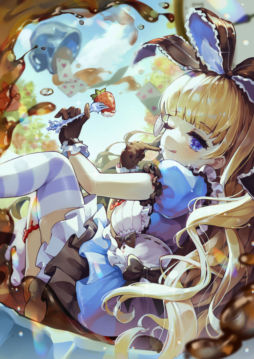 absurdres, alice's_adventures_in_wonderland, blonde_hair, blue_dress, brown_dust_(series), brown_dust_2, card, cup