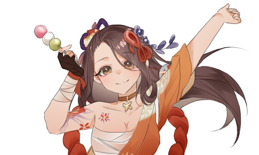 1girl, absurdres, arm_tattoo, arms_up, bandages, black_gloves, breasts, brown_eyes