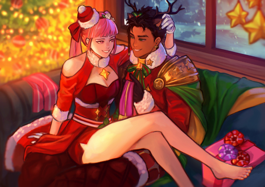 1boy, 1girl, absurdres, animal_ears, antlers, barefoot, black_gloves, black_hair, box, cape, christmas, claude_von_riegan, claude_von_riegan_(yuletide_schemer), clothing_cutout, commentary, commission, couch, dark-skinned_male, dark_skin, deer_ears, dress, english_commentary, fake_animal_ears, fake_antlers, fire_emblem, fire_emblem:_three_houses, fire_emblem_heroes, fur-trimmed_jacket, fur-trimmed_sleeves, fur_trim, gift, gift_box, gloves, green_cape, green_eyes, hat, highres, hilda_valentine_goneril, hilda_valentine_goneril_(winter), horns, indoors, jacket, long_hair, looking_at_another, mini_hat, nintendo, official_alternate_costume, on_couch, pants, pink_eyes, pink_hair, red_dress, red_headwear, red_jacket, red_pants, reindeer_antlers, santa_costume, sethkiel, short_dress, short_hair, shoulder_cutout, sitting, sitting_on_lap, sitting_on_person, smile, toes, twintails, white_gloves, window
