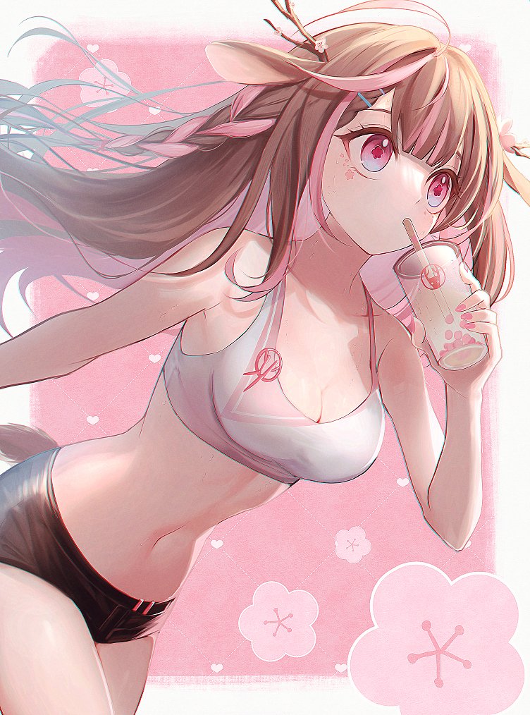 1girl, animal_ears, antlers, blue_eyes, breasts, brown_hair, bubble_tea, cleavage