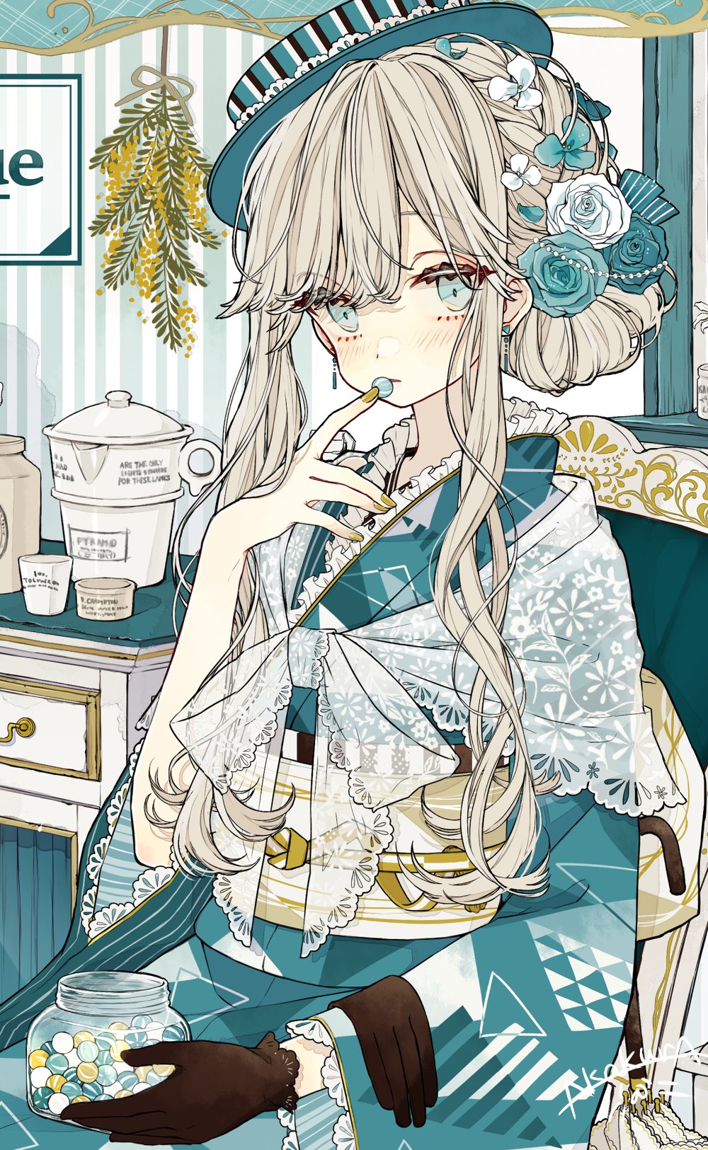 1girl, \||/, akakura, aqua_flower, aqua_hat, aqua_kimono, aqua_ribbon, aqua_rose