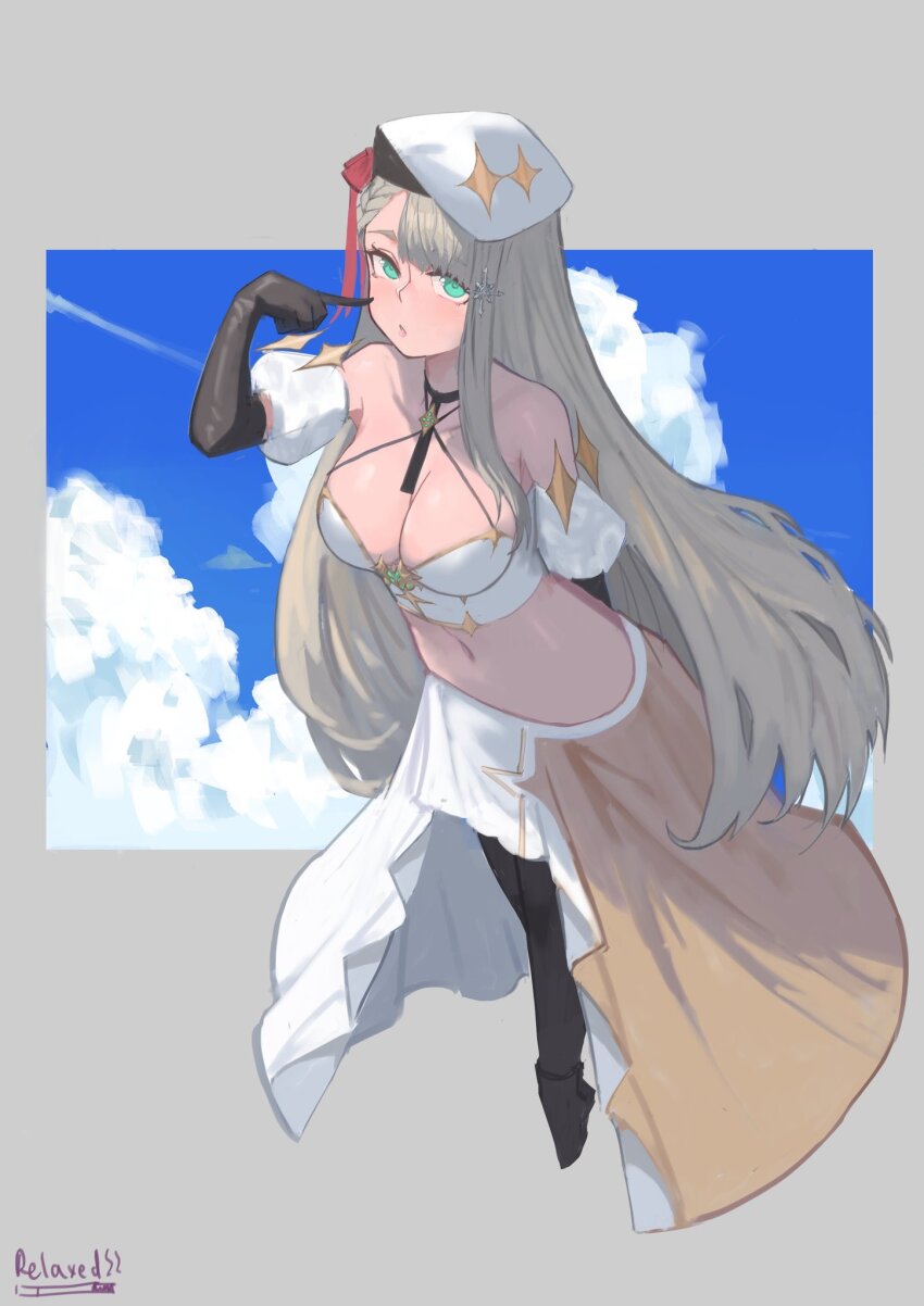 1girl, aia_amare, aia_amare_(2nd_costume), aqua_eyes, beret, black_gloves, black_thighhighs, blonde_hair