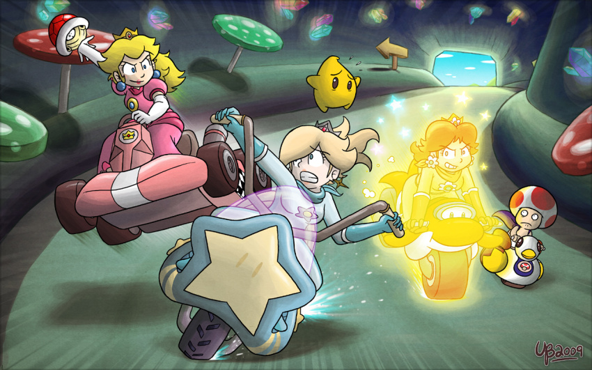 1boy, 3girls, annoyed, biker_daisy, biker_rosalina, blue_eyes, bodysuit, breasts, crown, dolphin_(mario), dress, earrings, evil_grin, evil_smile, flower_earrings, gloves, grin, hair_over_one_eye, jewelry, kart, koopa_shell, looking_at_another, luma_(mario), mario_(series), mario_kart, mario_kart_wii, medium_breasts, motor_vehicle, motorcycle, multiple_girls, mushroom, nintendo, pink_dress, princess_daisy, princess_peach, racing, red_shell_(mario), rosalina, serious, shell, smile, smug, super_star_(mario), thebourgyman, toad_(mario), tunnel, worried