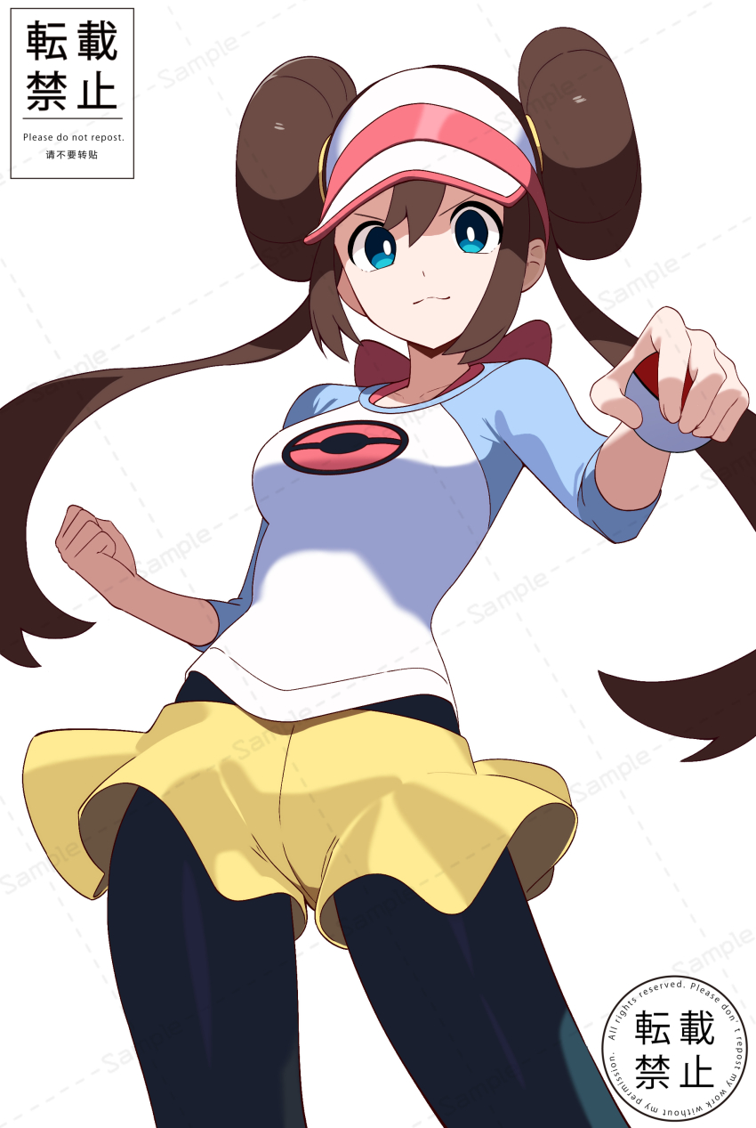 1girl, absurdres, black_pantyhose, bow, breasts, bright_pupils, brown_hair, clenched_hand, closed_mouth, commentary_request, donut_hair_bun, double_bun, green_eyes, hair_bun, hat, highres, holding, holding_poke_ball, looking_at_viewer, maizumi, medium_breasts, nintendo, pantyhose, pantyhose_under_shorts, pink_bow, poke_ball, poke_ball_(basic), pokemon, pokemon_black_2_and_white_2, raglan_sleeves, rosa_(pokemon), short_shorts, shorts, simple_background, smile, solo, three-quarter_sleeves, twintails, visor_cap, white_background, white_hat, white_pupils, yellow_shorts