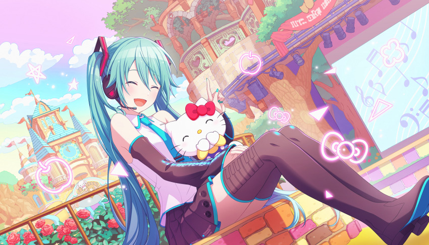 2girls, aqua_hair, aqua_nails, aqua_necktie, balcony, bare_shoulders, bass_clef, beamed_sixteenth_notes