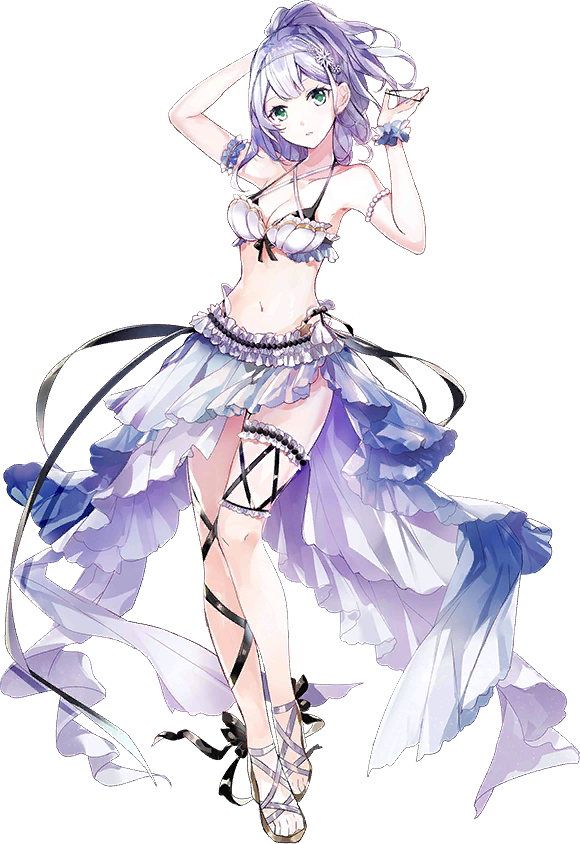 1girl, ankle_ribbon, arms_up, bare_shoulders, bikini, breasts, cleavage, full_body, green_eyes, hair_ornament, iron_saga, leg_ribbon, long_hair, medium_breasts, navel, official_alternate_costume, official_art, purple_hair, rhea_(iron_saga), ribbon, sandals, sarong, solo, swimsuit, thigh_strap, third-party_source, transparent_background