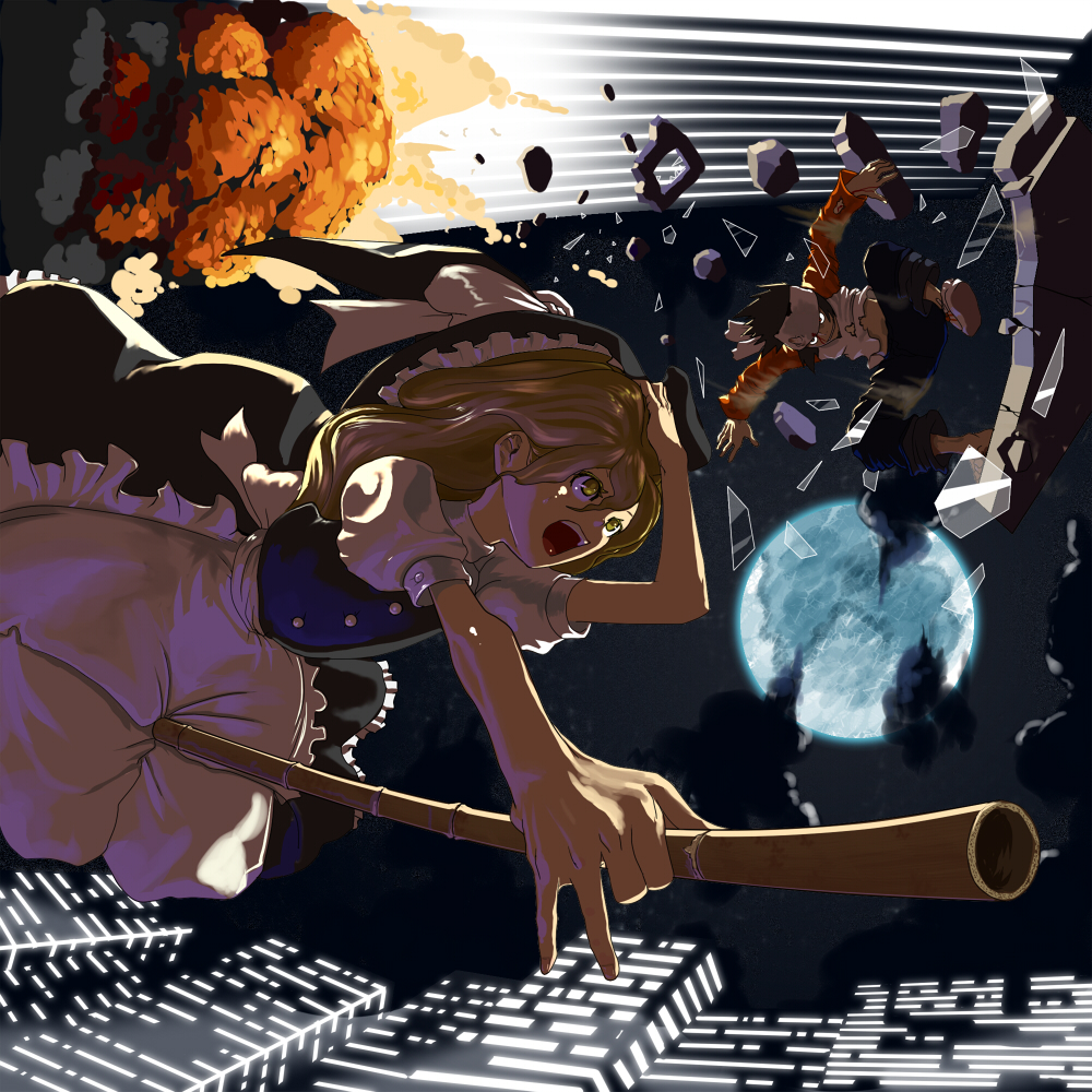 1boy, 1girl, asakura_teppei, blonde_hair, broom, broom_riding, explosion, hat