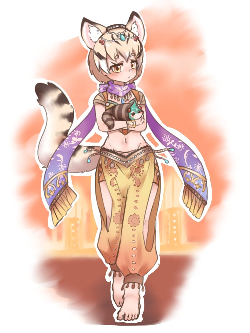 2girls, absurdres, animal_ears, bare_shoulders, barefoot, blonde_hair, blush, cat_ears