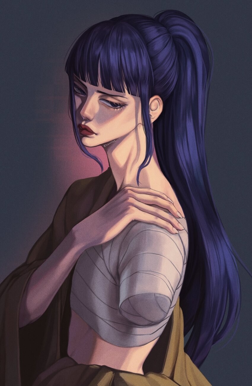 1boy, amputee, bandaged_chest, bandages, blue_hair, blunt_bangs, closed_mouth, commentary, hannitee, highres, kikunojo_(one_piece), lips, lipstick, long_hair, makeup, male_focus, one_piece, ponytail, red_lips, solo, trap