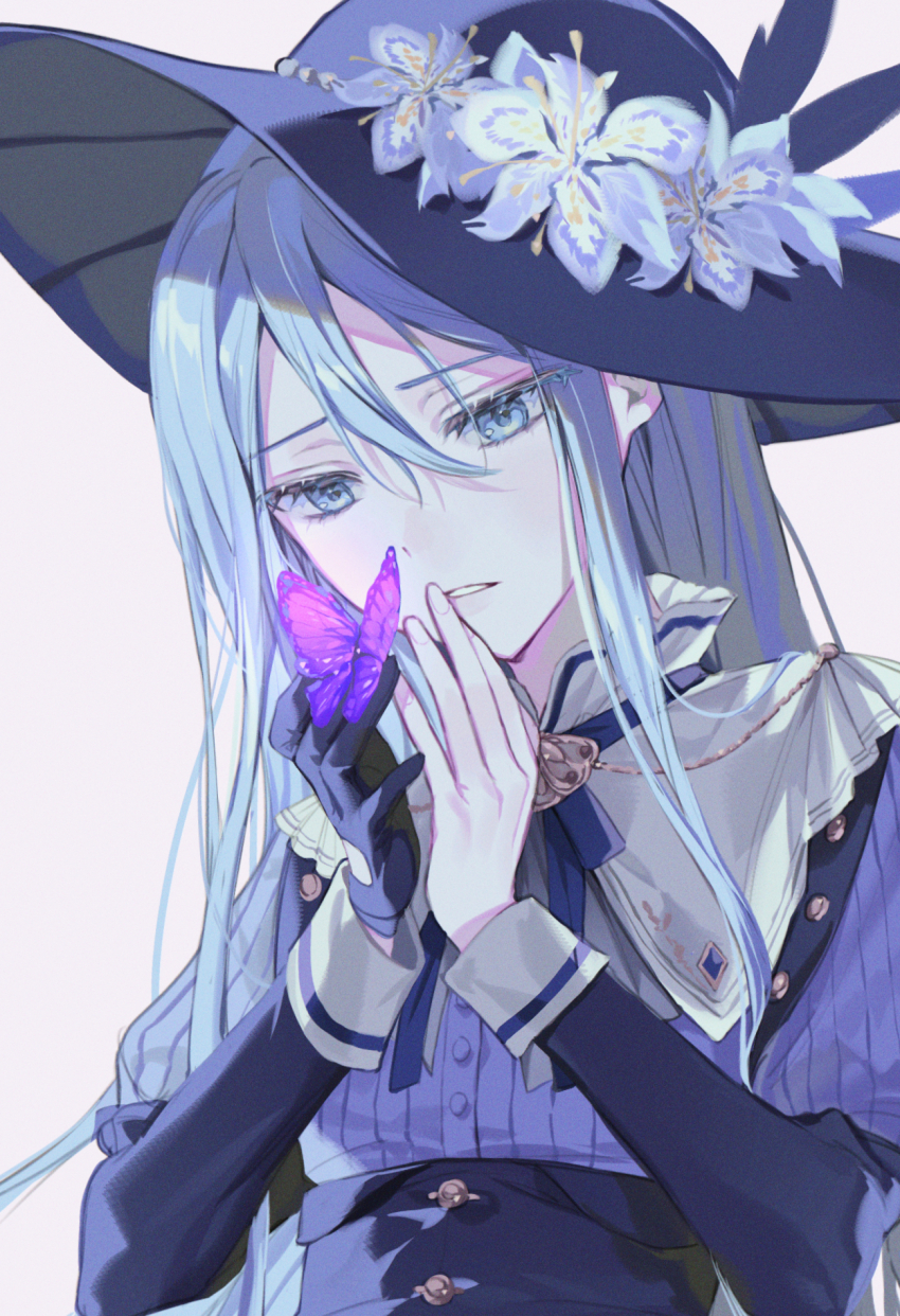 1girl, black_bow, black_gloves, black_headwear, bow, brooch, bug, butterfly