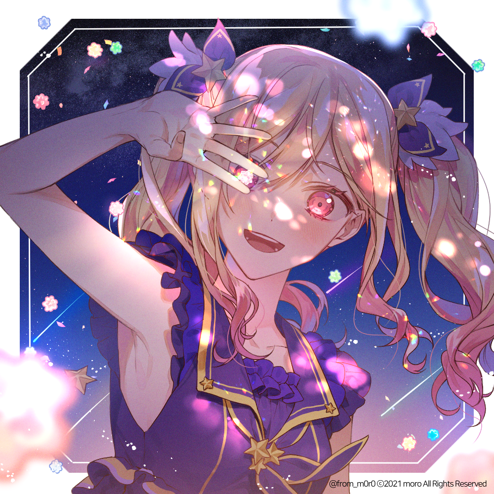 1girl, ameagari_no_ichibanhoshi_(project_sekai), armpits, artist_name, between_fingers, blonde_hair, blush, crossed_bangs