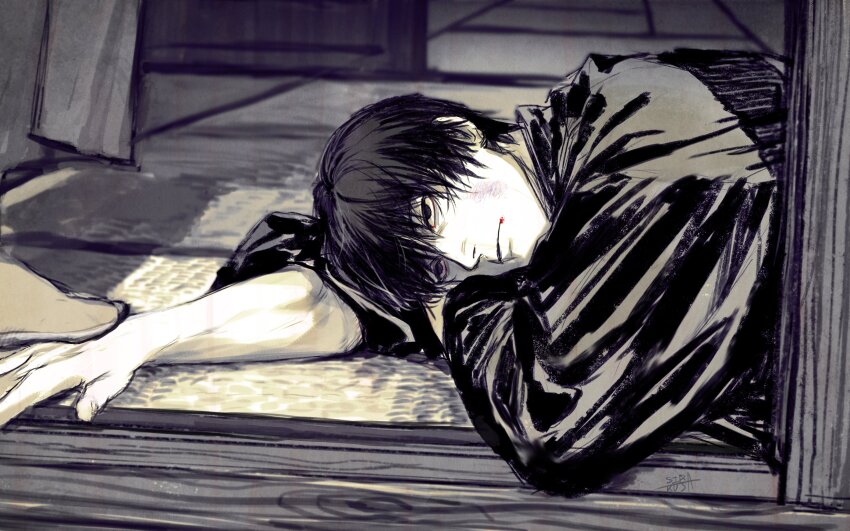 1boy, absurdres, expressionless, fushiguro_toji, greyscale, highres, jujutsu_kaisen, long_sleeves