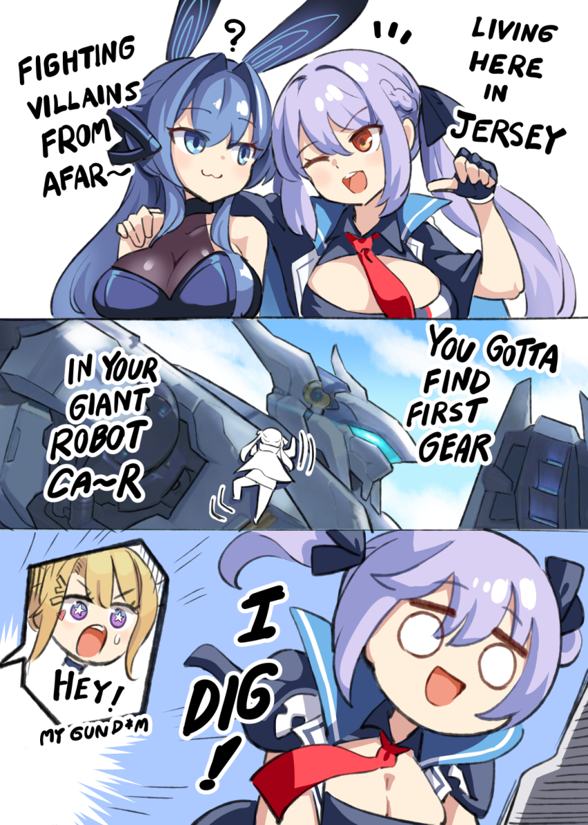 3girls, ?, animal_ears, azur_lane, blonde_hair, blue_hair, breasts, cleavage, commentary, crossover, english_commentary, english_text, essex_(azur_lane), fake_animal_ears, fingerless_gloves, gloves, guam_(azur_lane), highres, hm_(hmongt), large_breasts, mecha, medium_breasts, megas_xlr, multiple_girls, music, necktie, new_jersey_(azur_lane), new_jersey_(exhilarating_steps!)_(azur_lane), purple_hair, red_necktie, right-to-left_comic, robot, singing, speech_bubble, sweatdrop