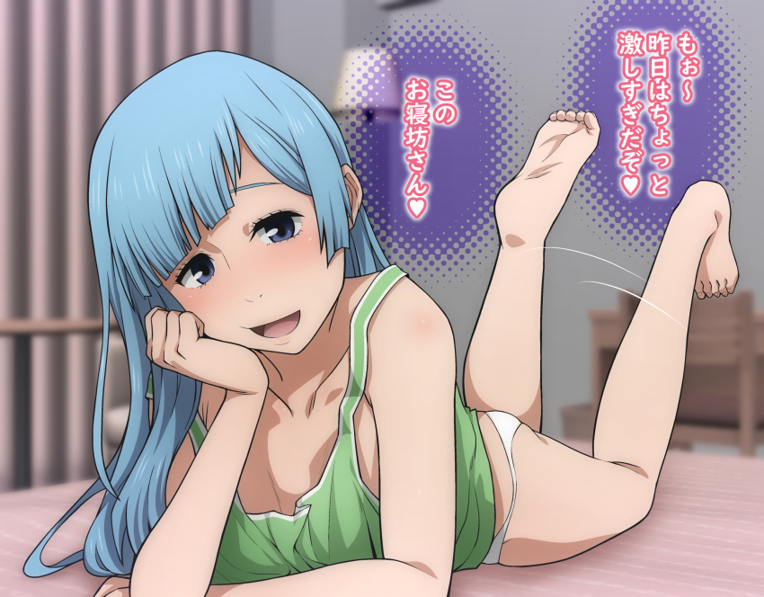 1girl, armpit_crease, ass, barefoot, bed, blue_eyes, blue_hair, blunt_bangs