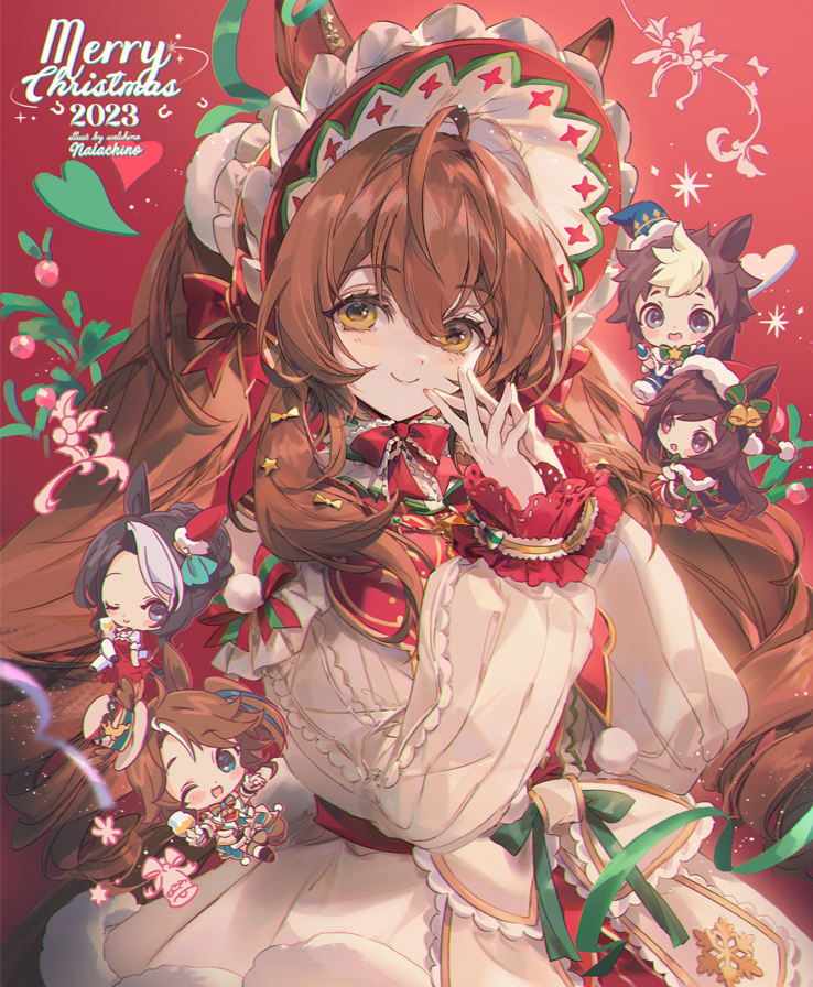 5girls, ahoge, animal_ears, blue_dress, blue_headwear, bow, brown_eyes, brown_hair