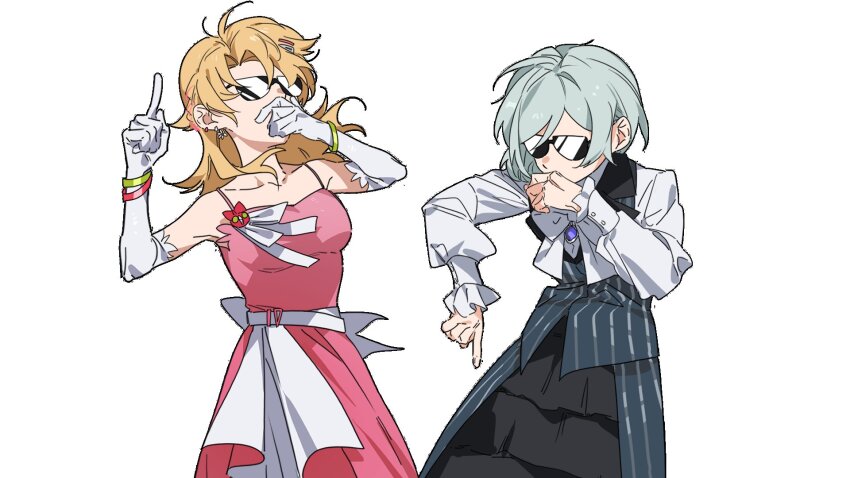 2girls, beatboxing, black_skirt, black_vest, blonde_hair, blonney, bow, bowtie