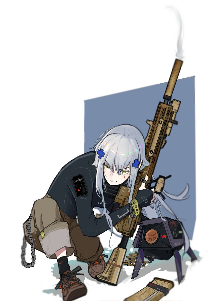 1girl, alternate_costume, angry, assault_rifle, black_socks, blue_background, brown_pants, chain